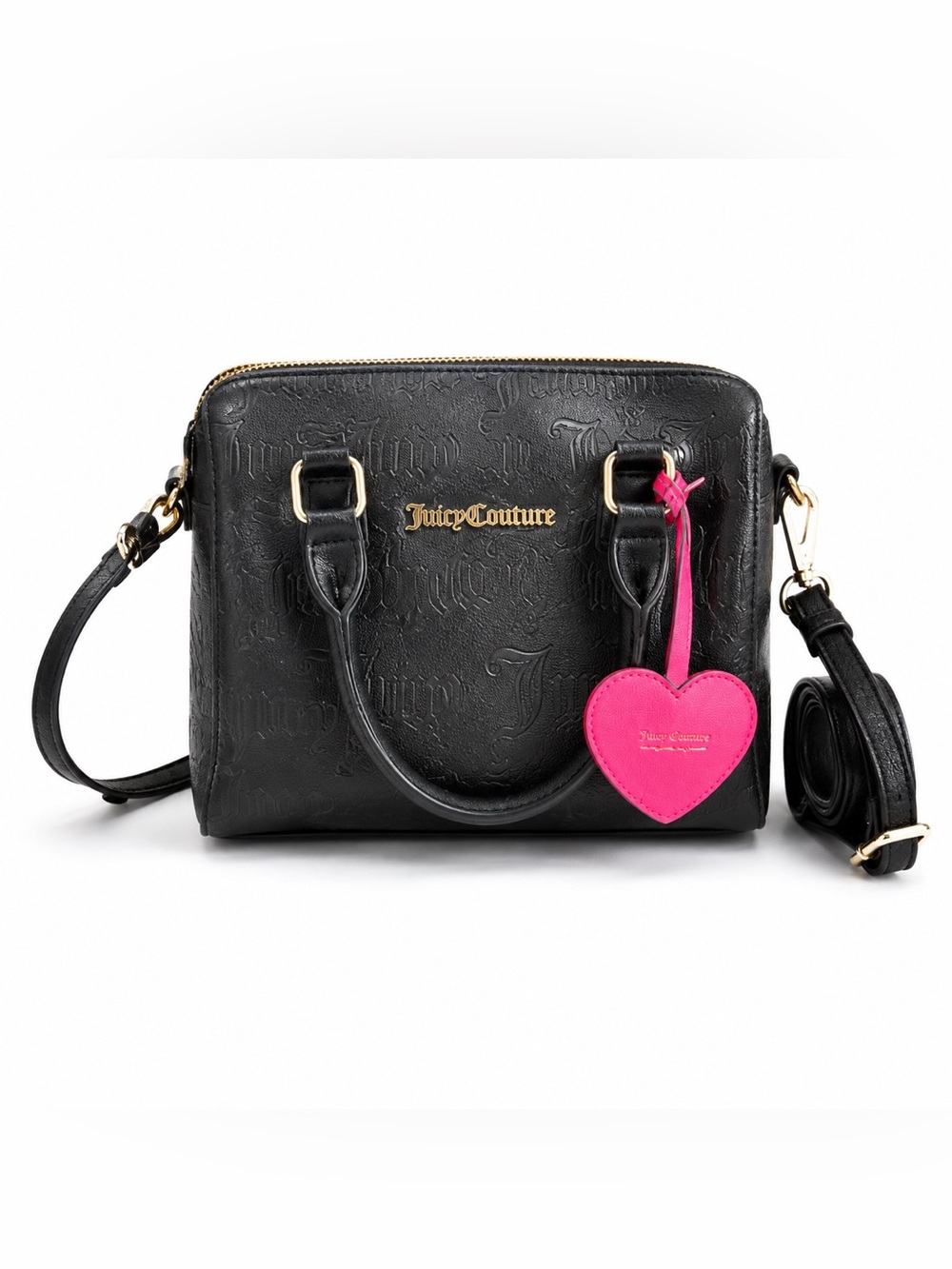 Juicy Couture Black Embossed Mini Satchel Crossbody Pink Heart Charm Y2K